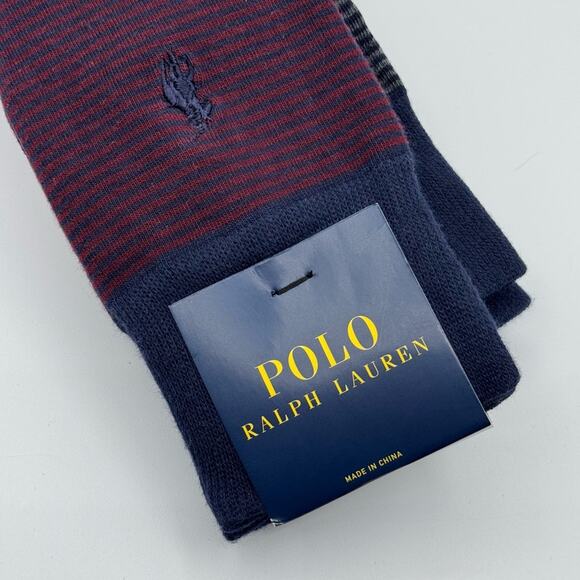 Polo Ralph Lauren Crew Navy Blue Red Striped 3 Pairs Combed Cotton Socks Men’s - Picture 3 of 6